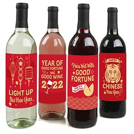 Big Dot of Happiness Chinese Lanterns - 2022 Lunar New Year Tiger Decorations for Women and Men - Wine Bottle Label Stickers - Set of 4