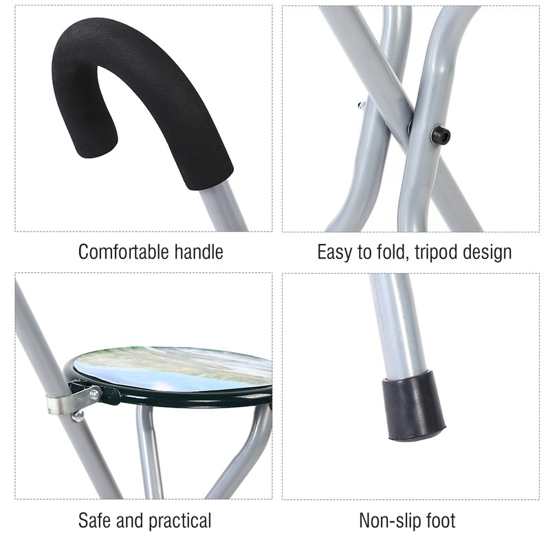 Iron Portable Folding Walking Stick Seat Tripod Travel Chair Stool