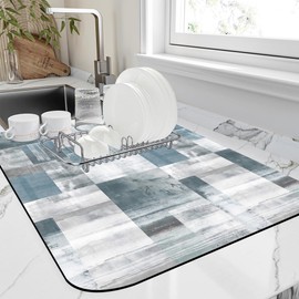 FTJHKUY Dish Drying Mat Blue Grey Abstract Art Dish Drying Pad,12"X19" Bsorbent Coffee Mat for Sink Dishes or Under Rack Kitchen Counter Accessories Absorbent Hide Stain Rubber Backed Drying Mat