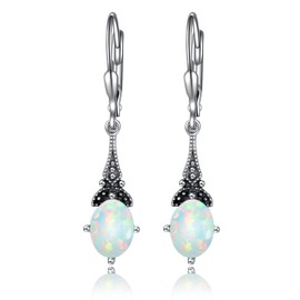 Opal Earrings for Women Sterling Silver Vintage Retro Leverback Earrings with Oval Simulated White Opal, June Birthstone Earrings Gifts for Women