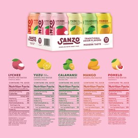 Sanzo Flavored Sparkling Water Variety Pack - Yuzu Lemon Soda, Calamansi Lime Seltzer Water, Pomelo Grapefruit Soda, Mango Sparkling Drink, Lychee Carbonated Drinks - Vegan Low Sugar - 12oz, 12 Pack