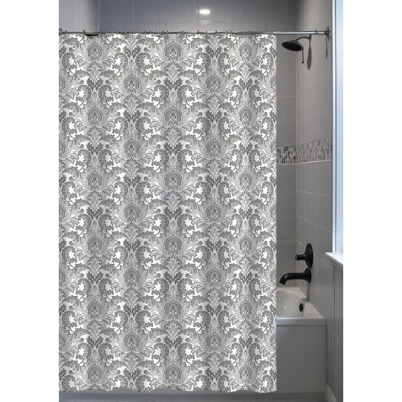 CHD Home Fabric Shower Curtain, Damask Floral Design, Grey and