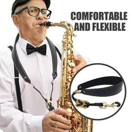 Saxophone Shoulder Strap, Saxophone Strap with Hook, Adjustable Padded Leather Carry Strap and Extra Sturdy Carabiner for Saxophone/Alto/Tenor/Soprano/Baritone