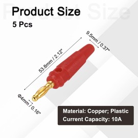 MECCANIXITY 5 Pcs 4mm Banana Plugs, 20A 9.5mm OD 53.8mm Length Speaker Wire Cable Plug Connectors, Banana Jack Connector for Speaker Wire Audio Cable, Red
