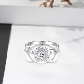 Claddagh Rings for Women: 925 Sterling Silver Irish Heart Ring Size 5 Simulated Diamond Promise Engagement Wedding Band for Women Valentine's Day Birthday Jewelry Gifts