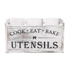 TIANLIN Wooden Utensil Holder, Large Utensil Organizer for Kitchen Counter, Wood Utensil Crock for Countertop with 3 Compartments, Rustic Container Farmhouse Kitchen Decor (White)