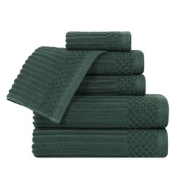 Superior 6 Piece Cotton Towel Set, Include 2 Bath Towels, 2 Hand Towels, 2 Face Towel/Washcloths, Daily Use for Bathroom, Guest Bath, Ribbed, Absorbent, Home Essentials, Soho Collection, Forest Green