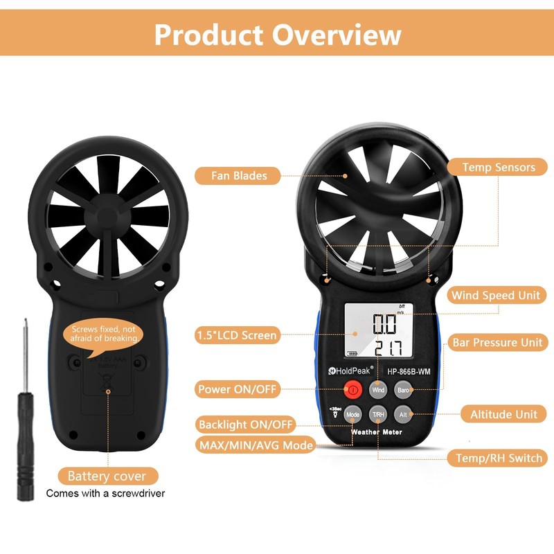 HoldPeak Handheld Anemometer Barometer, Weather Meter for Wind Speed, Temperature,
