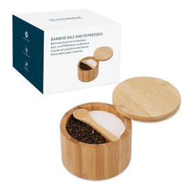 KITCHENDAO Bamboo Salt and Pepper Bowl Box Cellar, Built-in Spoon, Two Compartments Spice Seasoning Container,Sea Salt Cellar Holder,Magnetic Swivel Lid,Dual 5oz Capacity