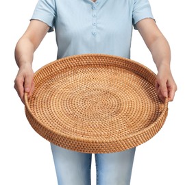 Rattan Large Serving Tray, Wicker Round Fruit/Bread Serving Basket, Extra Large Decorative Ottoman Tray for Living Room, Coffee Table, Breakfast, 16.9 inch