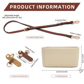 4 pcs Leather Strap Conversion Kit and Felt Bag Organizer, CNYMANY Mini Leather Tote Bag Shoulder Strap Replacement set and Felt Purse Insert Organizer Compatible with Longchamp Mini Handbag - Brown