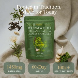 Wormwood Oregano Garlic and Clove Capsules | High Strength Supplement for Humans | 2 Months Supply | 60 Capsules, 1450mg per Serving | Black Walnut Free Vegan Supplement and UK Made