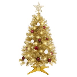 Sunshine Champagne Christmas Tree with Light 3ft Artifical Full Christmas Tree with Christmas Ball & Star Onaments Xmas Tree for Holiday Decor