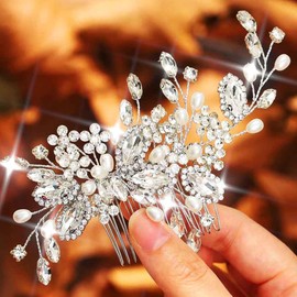 Unicra Silver Rhinestone Wedding Hair Comb Pearl Hair Piece Flower Crystal Bridal Hair Accessories for Women and Girls (Silver, Free Size)