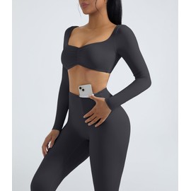 OMKAGI 2 Piece Workout Sets for Women Long Sleeve Padded Sports Bra High Waisted Gym Outfits with Pocket(M,441-Gray)