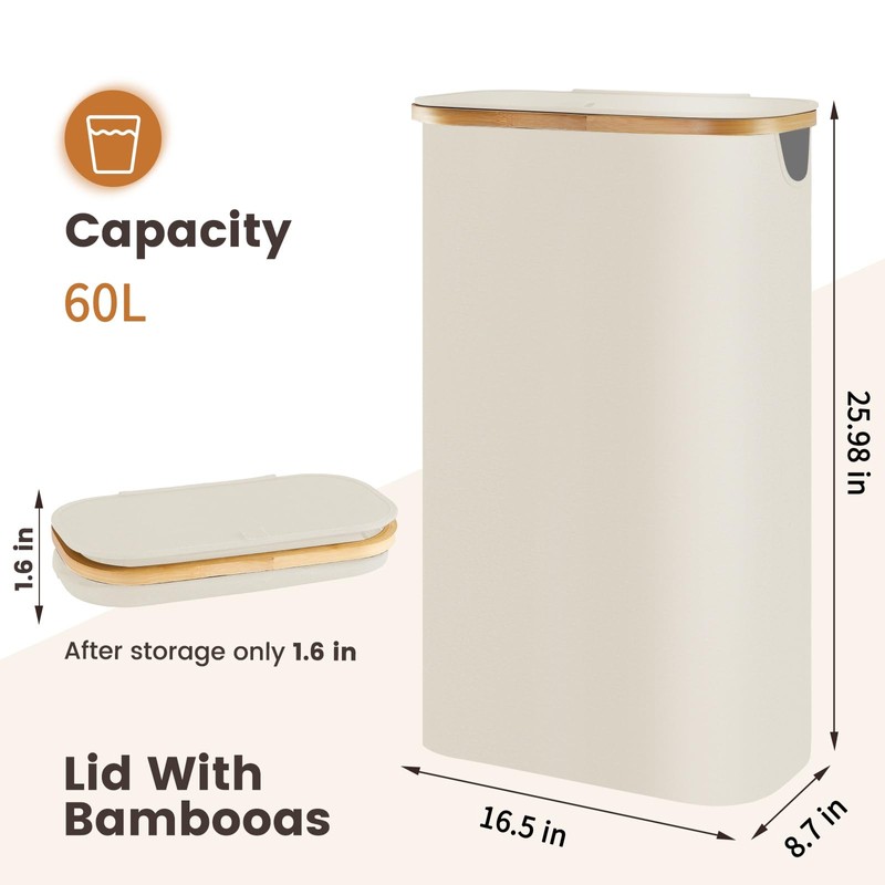 Slim Laundry Hamper with Lid 60L, Dirty clothes Hamper for