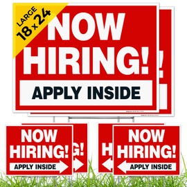Sigo Signs Now Hiring Apply Inside Left and Right Arrows Sign, Pack of six, Double Sided 18x24 Inches, Corrugated Plastic with Metal Stake, Made in USA