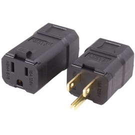 Journeyman-Pro Clamshell Plug & Connector Set 15 Amp 120-125 Volt, NEMA 5-15P + 5-15C (5-15R), 2Pole 3Wire, Straight Blade, Male & Female Replacement Cord End, Commercial Grade PVC Black (1)