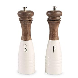 Mud Pie Farmhouse Wood and Enamel Mills Salt and Pepper Set, 10 1/2" x 3" dia, White, Brown