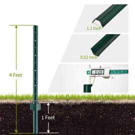 YESON Garden Fence Posts 4 Feet Height - 10 Pack, Sturdy Duty T & U Metal Stakes for Fence, Green for Garden Patio & Lawn