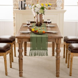 Serento Table Runner Green Autumn Modern Boho Decorative Table Runner Cotton Linen Country House Style Decorative Crochet Lace Table Runner Vintage Tassel for Holiday Party Wedding Birthday 30 x 140