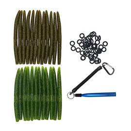 Nawaish Senko Bait Soft Plastic Lures 5" Senkos 24 Pcs for Wacky Rig Freshwater Fishing Green Pumpkin senko with Black Flake (2 colors mixed+50 Black Orings+Wacky Rig(Blue))