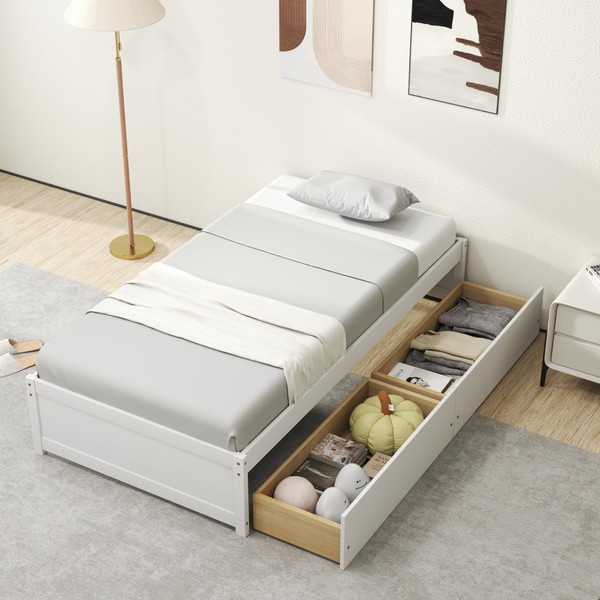KOMFOTT Twin Size Wood Platform Bed Frame with 2 Storage