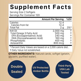Antarctic Krill Oil 2000mg Supplement, 240 Softgels, 3X Strength Natural Source of Omega-3s, EPA 240mg + DHA 160mg + Astaxanthin 800mcg – No Fishy Aftertaste – Mercury Free & Non-GMO