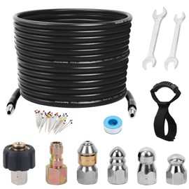 50FT Sewer Jetter Kit for Pressure Washer, 5800 PSI Water Jet Drain Cleaner Hose With Corner Rotating Button Nose Nozzle, 1/4 Inch NPT, Spanner Handle and Strap