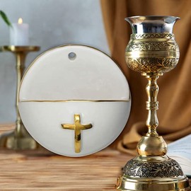 MaMeMi Porzellan - Weihkessel Weihwasserkessel mit Goldrand Kreuz 6 cm