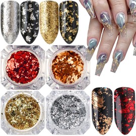 Holographic Nail Foil Glitter Flakes 3D Sparkly Aluminum Foil Flake Sequins Nail Art Accessories Rose Gold Red Silver Foils Glitter Nail Supplies Mirror Powder Acrylic Nails Decoration (4Boxes)