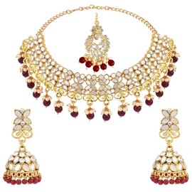 Efulgenz Indian Jewellery Set Crystal Choker Necklace Dangle Earrings Maang Tikka Head Chain Bollywood Wedding Bridal Jewellery for Women, Maroon