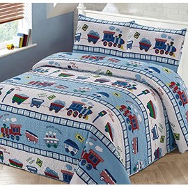Kids Zone Home Linen 3pc Full/Queen Bedspread Coverlet Quilt Set for Boys Multi-Color Train Choo-Choo Rail Roads Tracks Wagon Blue White Red