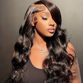 Fugady Natural Black Lace Front Wig Body Wave Wig Synthetic Wigs for Black Women Synthetic Lace Front Wigs Pre Plucked with Baby Hair Heat Resistant Wig（Synthetic | 13 * 4 Lace front | 24 Inches
