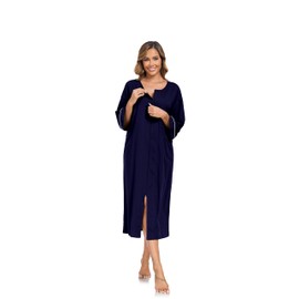 EA'S SECRET Women 100% Cotton Robes Lightweight Zipper Front 3/4 Sleeve Full Length Housecoat with Pockets Loungewear, Navy Blue, X-Large