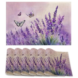 Placemats Set of 6,Purple Lavender Table Mats,Butterfly Washable Linen Table Mats,Non-Slip Heat Resistant Placemats for Party Kitchen Dining Indoor Outdoor 12"x18"