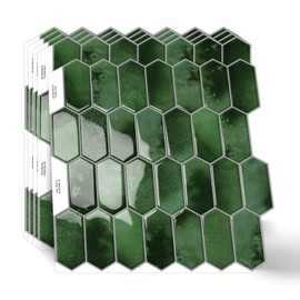 MOONFUN Long Hexagon Peel and Stick Tiles Backsplash,10 Sheets 3D Self Adhesive Wall Tile Back Splash 12 x 12 Inch for Kitchen,Bathroom(Dark Green)