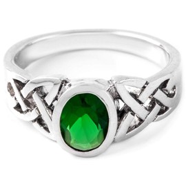 Windalf NALIA 7mm Green Emerald Celtic Knot 925 Sterling Silver Women's Ring, Silver, Cubic Zirconia