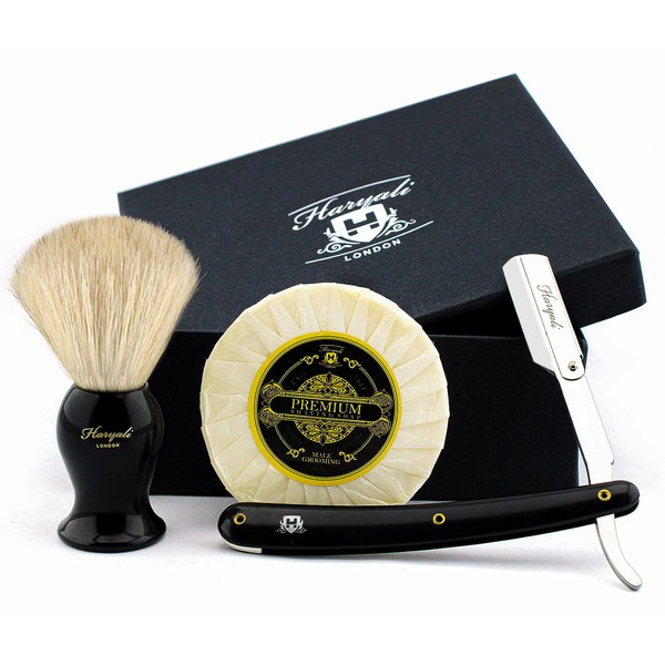 Haryali London Elegant Badger Hair Shaving Brush, Straight Razor, Shaving Soap and Replacement Blade Set