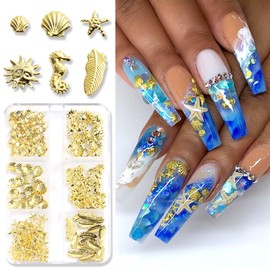3D Metal Nail Art Charms Mixed Styles Gold Shell Starfish Seahorse Sun Feather Nail Charms Metallic Studs Rivets Jewelry for Summer Ocean Beach Theme Nails Supplies DIY Crafts Decorations