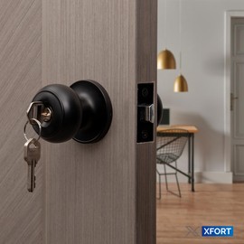 XFORT Bello Entrance Knob Set Matt Black, Door Knob with Lock for Internal Wooden Doors, Complete Set with Tubular Latch and 3 Keys