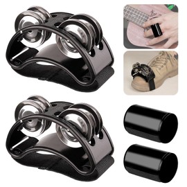 Rigych 2 Set Foot Tambourine Shaker & Rhythm Finger Shaker with Elastic Strap, Percussion Musical Instrument Set for Ukulele Guitar Drum Mandolin Banjo Playing (Black)