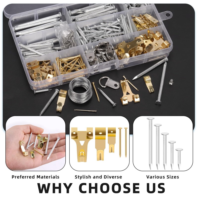 Glarks 279pcs Picture Hanging Equipment, Hanging Hardware with Hooks, Wire,