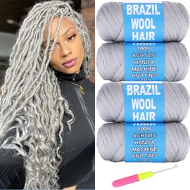 RuiYok 4 Pcs Grey Brazilian Wool Hair for Braids Acrylic Hand Knitting Yarn for Braiding Hair Crochet Braids Senegalese Twisting Jumbo Braids Goddess Faux Locs Crochet Hair Extension(#Grey)