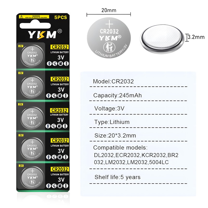 YKM 5 Pack 3V Lithium CR2032 Battery 3 Volt 2032