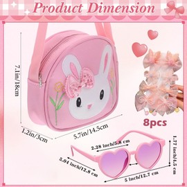 SIMDAO 10 Pcs Little Girls Handbag Set Adorable Rabbit Crossbody Bag with Heart-Shaped Sunglasses and 8 Bow Hair Clips, Kids Shoulder Bag Perfect for Kids' Birthday Gifts and Toys (Pink)