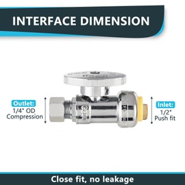 (Pack of 2) Seelink Push Fit 1/4 Turn Straight Stop Valve, 1/2" Push fit x 1/4" OD Compression, Chrome Plated Brass