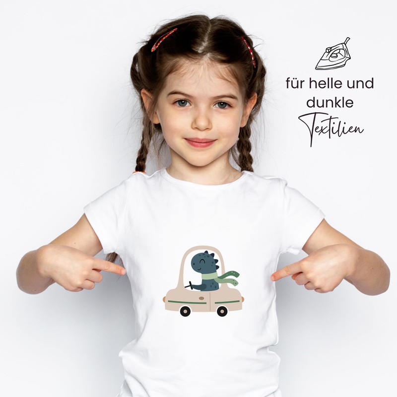 GRAZDesign Iron-On Transfer Dino Set Cars with Name, DIN A4,