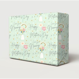 4 Sheets 4 Tags Mother's Day Green Flower Vase Love You Nanny Design Wrapping Paper White And Gold Hearts Nanny Gift Wrap (PA)