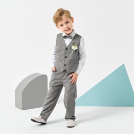 Volunboy Baby Boys 4-Piece Formal Suit, Toddler Waistcoat Wedding Party Birthday Dress Gentleman Suit (Grey, 3-4 Years,Tag Size 110)